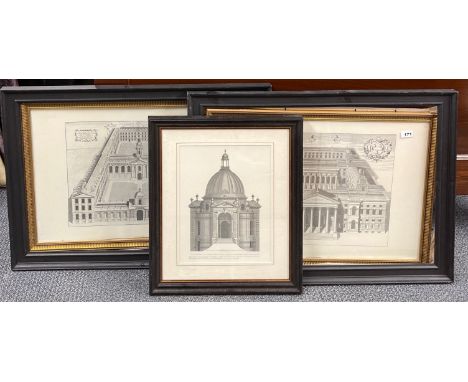 Four large framed architectural prints, framed size 85 x 64cm.