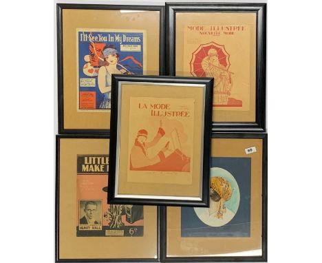 A framed Art Deco style watercolour of a girl wearing a scarf, together with a pair of framed Art Deco music covers, frame si