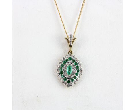 A yellow metal (tested minimum 9ct gold) cluster pendant set diamonds and round and marquise cut emeralds, L. 3cm, on a hallm
