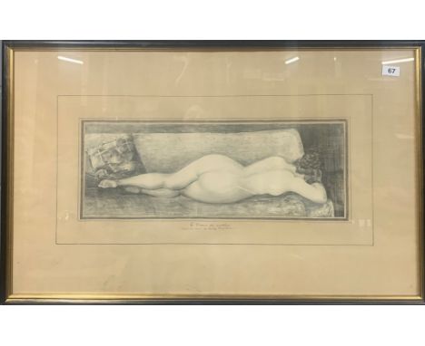 Charles Blanc (French, 19th century) A large framed pencil sketch of a woman reclining on a couch, frame size 93 x 56cm.