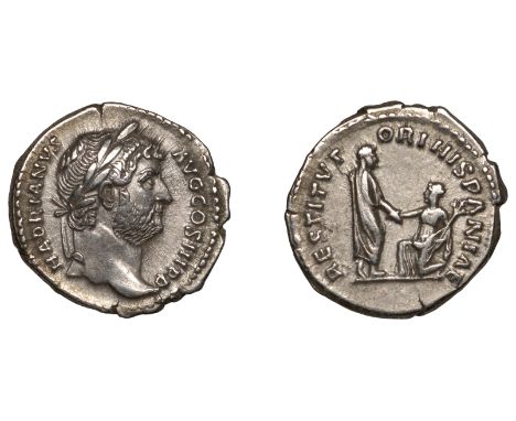 Roman Imperial Coinage, Hadrian (117-138), Denarius, 130-3, laureate bust right, rev. restitvtori hispaniae, Emperor standing