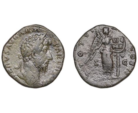 Roman Imperial Coinage, Lucius Verus (161-169), Sestertius, 166, laureate bust right, rev. Victory, half draped, standing fac