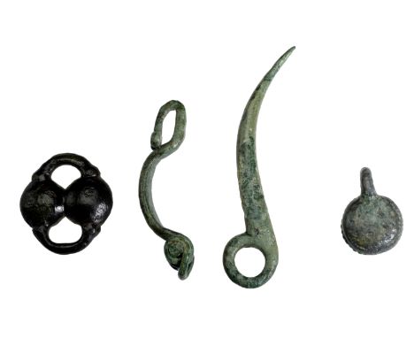 Celtic, 3rd-1st century BC, bronze artefacts (4), including La Tene I bow brooch;  woad grinder pestle; strap connector with 