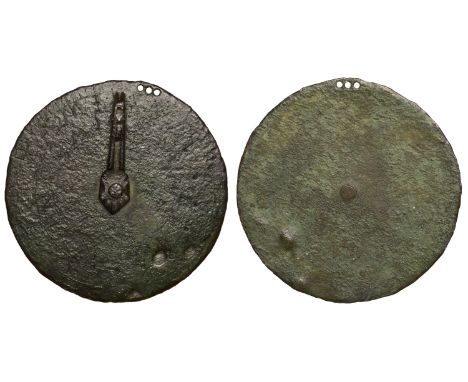 Tudor/Stuart, circular brass sun dial, 5cms diameter, marked around the outside ring 12 11 10 M A M. then a  facing crowned h
