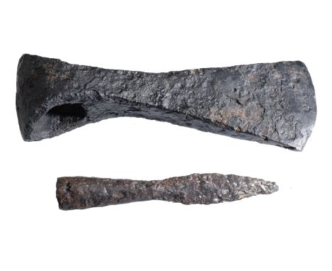 Late Viking, 11th-12 century, an iron axe, measuring 19 cm x 6.5 cm x 5 cm, triangular section extended blade with a large so