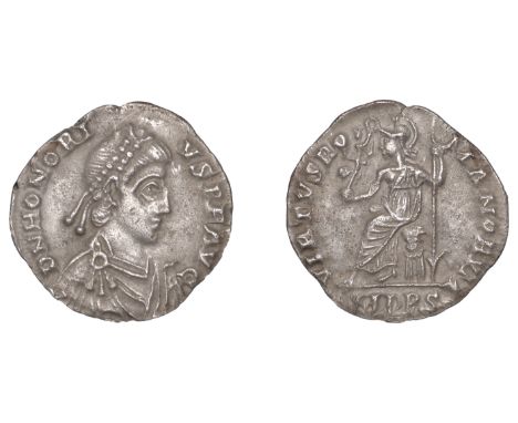 Roman Imperial Coinage, Honorius (393-423), Siliqua, Milan, 395-402, pearl-diademed, draped and cuirassed bust right, rev. Ro