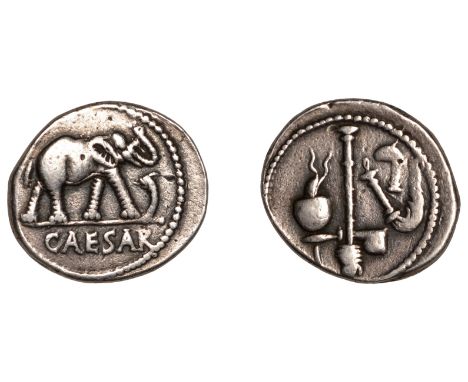 Roman Imperatorial Coinage, Julius Cæsar, Denarius, mobile military mint in Gaul, 49, elephant walking right, trampling on dr