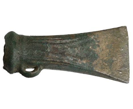 Bronze Age, socketed and looped Axe, c. 800 BC, 10.5cm x 4.9cm, elongated trapezoid outline with a straight cutting edge, dec