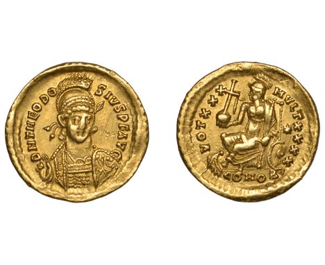 Roman Imperial Coinage, Theodosius II (402-450), Solidus, Constantinople, 408-20, d n theodosivs p f avg, pearl-diademed and 
