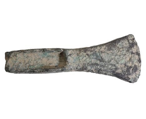 Bronze Age, unlooped palstave, c. 1500-1100 BC, 12.7cm long by 4.5cm wide by 2.1cm thick, triangular blade with curved cuttin