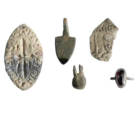 13th-14th century, miscellaneous artefacts (4), including pointed oval lead seal matrix, fleur-de-lis, legend reads +s’alice 