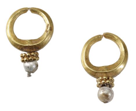 Roman, 2nd-3rd century, a pair of gold earrings, crescent shaped with mother of pearl below bands of globules [2]. Both very 
