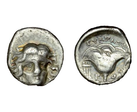 Greek Coinages, ISLANDS OFF CARIA, Rhodes, Drahcm, 229-205, struck under the magistrate Eukrates, facing head of Helios, rev.