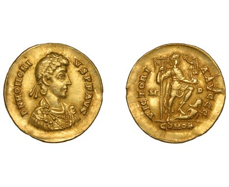 Roman Imperial Coinage, Honorius (393-423), Solidus, Milan, c. 402-3, d n honorivs p f avg, pearl-diademed, draped and cuiras