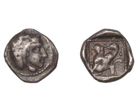 Greek Coinages, CYPRUS, Kition, Obol, c. 450-400, head of youthful Herakles right, rev. lion preying on stag right, dotted bo