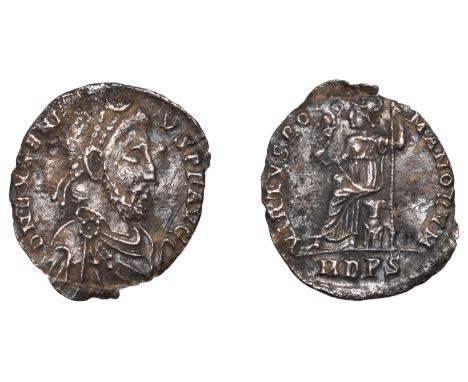 Roman Imperial Coinage, Eugenius (392-394), Siliqua, Milan, d n evgeni-vs p f avg, pearl-diademed, draped and cuirassed bust 