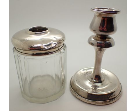 Hallmarked silver weighted stub candlestick and hallmarked silver top dressing pot