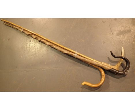 Three vintage shepherds crooks including horn and stag antler handled 