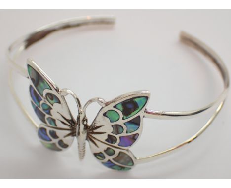 925 silver bangle with abalone shell butterfly