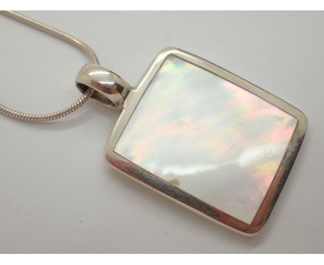 Silver mother of pearl pendant on silver snake chain 