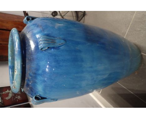 Large blue glazed Oriental style ceramic garden vase with five scrolled handles H: 90 cm