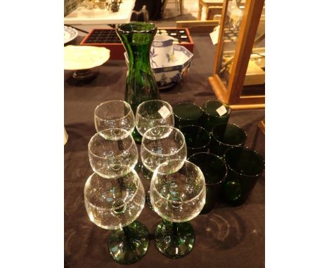 Set of six green vintage glass tumblers with matching decanter and a set of six green stem Hock glasses