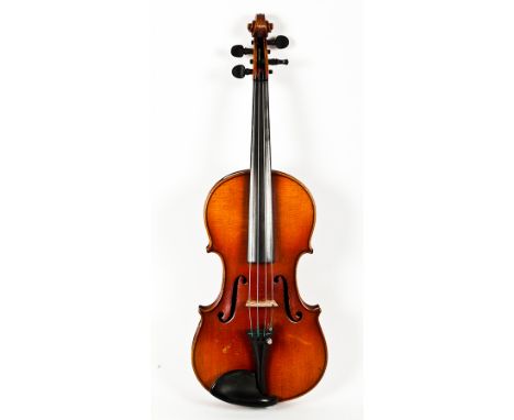 20TH-CENTURY GERMAN VIOLIN
with Stradivarius label, 14-inch two piece back, with bow and case