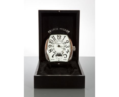 MODERN FRANCK MULLER DUAL TIME EASEL CLOCK
in stainless steel, no.0460, with Arabic dial, original box and guarantee, 11.5cm 