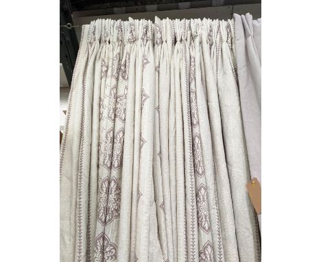 CURTAINS, a pair, 160cm W x 248cm drop, lined and interlined, geometric pattern. (2) 