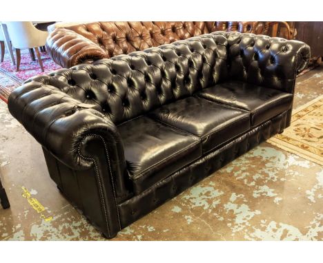 CHESTERFIELD SOFA, 90cm x 78cm H x 195cm, black leather. 