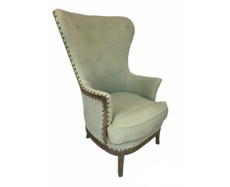 WING ARMCHAIR, 115cm H x 65cm, limed oak with neutral linen button back upholstery. 