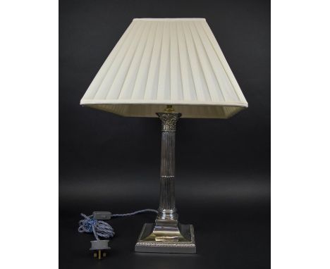 CORINTHIAN COLUMN LAMP, silver plated, recently reconditioned with silk pleated shade, 62cm H. 