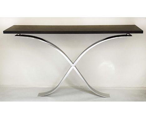 CONSOLE TABLE, Contemporary, black ash, with chrome/steel swept supports, 150cm W x 34cmcm D x 85cm H. 