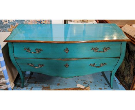 TURQUOISE BOMBE COMMODE, two drawers, wood. 60cm W x 160cm L x 90cm H. 