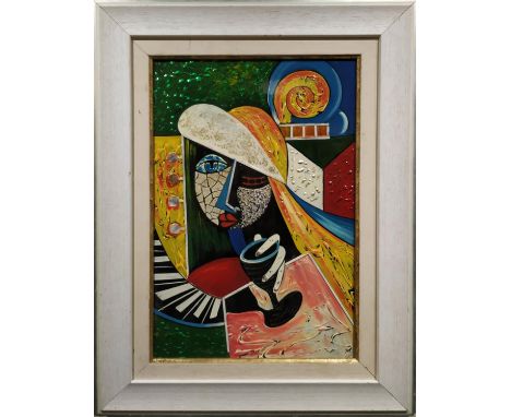 20th CENTURY SCHOOL, 'Cocktail hour', enamel on board, 42cm x 28cm, framed. 