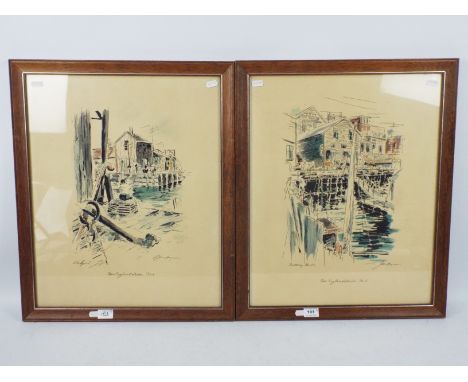 Two framed lithograph prints after John Haymson, each depicting a New England Harbour, Boothbay Harbour and Rockport, each ap