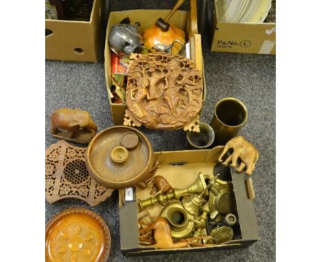 Boxes and Objects - a World War I shell case; a pair of Victorian brass candlesticks; a Cuckoo clock; etc (2)