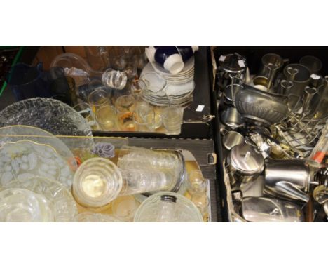 Glass and Metalware - Sundae dishes; tumblers; chrome plated and stainless steel tea service; candelabra;  etc (3 boxes)