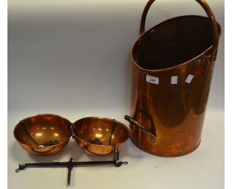 A set of W & T Avery copper balance scales;  a Victorian copper coal scuttle (2)