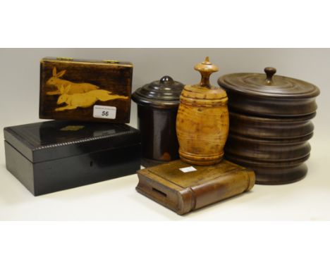 Boxes & Objects - a poker work folk art box, Hares running, a turned tobacco jar and cover;  another; etc (6)