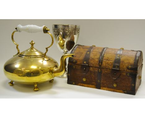 A George III style brass kettle; a silver plated chalice; a domed trinket box (3)