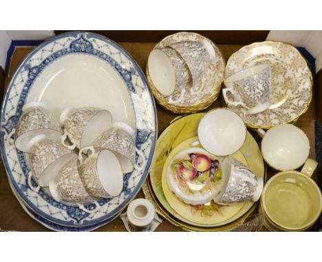 A Staffordshire part tea service; blue and white meat plates;  etc (1 box)