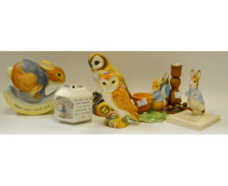 Ceramics - a Royal Crown Derby  Barn Owl model; a Beswick Barn Owl; a Border Fine Art Peter Rabbit egg cup; other Peter Rabbi