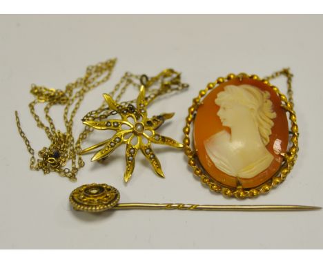 A 9ct gold and seed pearl flower brooch; a stick pin; a cameo (3)