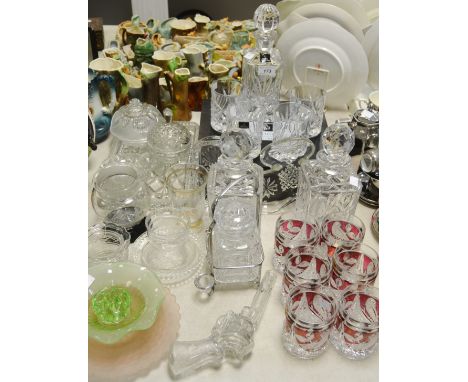 A Royal Doulton set of four whiskey tumblers and decanter; other decanters and glassware