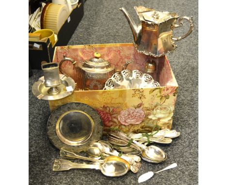 Plated Ware - an EPBM teapot and cover, c.1890;  another;  a sauceboat;  a match holder;  flatware - Fiddle and Shell;  fish 