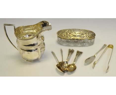 A cut glass box with  silver lid, London 1904; a silver milk jug Chester 1910; coffee spoons , Sheffield 1967; silver sugar b