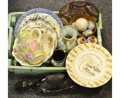 Boxes and Objects - a North Derbyshire Area miners plate;  an African hardwood figures;  marble carpet balls,   various plate