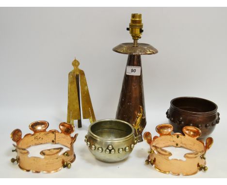 An Arts and Crafts copper standard lamp base, embossed with a Lizard; a copper sconce, another; a brass easel frame;  etc 
