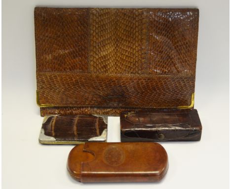 A Crocodile silver mounted purse, Birmingham 1897; Crocodile leather box; a cigar snakeskin bag 